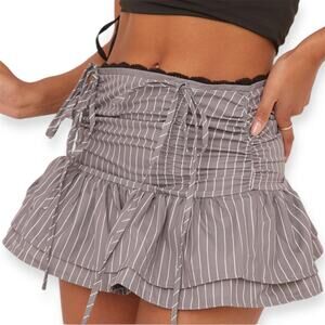 Coquette Striped Ruffle Lace Trim Grey White Mini Skirt Sz S
